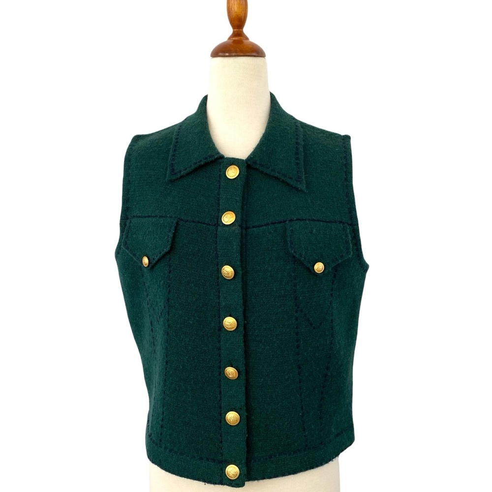 Vintage Ciel Bleu Forest Green Sleeveless Sweater Vest with Navy Blue Stitching